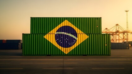 Shipping Container with Brazilian Flag Colors Symbolizing International Trade, Logistics, and Global Commerce, Export Industry, and Transportation