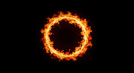 A vibrant ring of fire burns brightly against a dark background, flames dancing in a circular motion, intense heat and energy emanating from the blazing