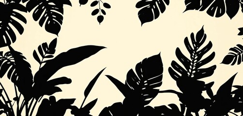 Dark silhouettes of various tropical leaves against a light background, showcasing intricate leaf shapes,  dark leaves,  palm leaves
