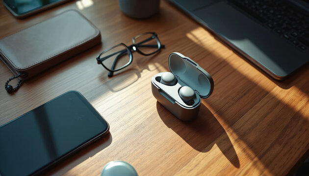 Wireless earbuds case rests on wooden desk next to eyeglasses and smartphone. Laptop and leather case also visible, clean work surface layout. Minimalist setup for modern lifestyle.