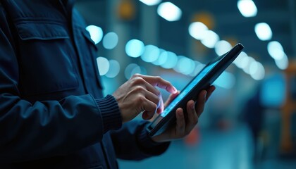 Industrial worker uses tablet to check production data. Person interacts with touch screen device in factory setting. Technology aids operational oversight and workflow.