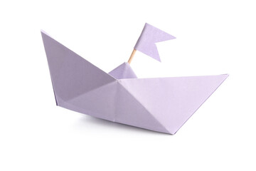 Lilac paper boat with flag on white background