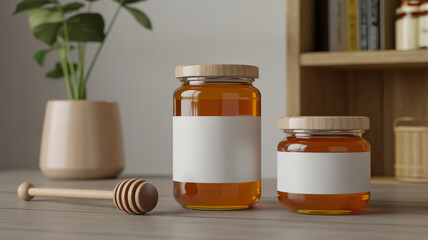 Two glass jars of honey with wooden lids and a honey dipper on a wooden table with a potted plant
