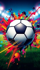 Energetic soccer ball graphic with dynamic motion lines, vibrant color splash, and abstract background,  art,  concept