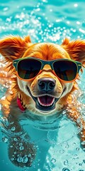 Cool doggy shades, sun-kissed swim, water antics, summer holiday delight, vibrant splash,  energetic,  summer