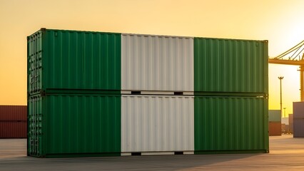 Fototapeta premium Shipping Containers with Nigerian Flag Colors Symbolizing International Trade, Logistics, African Economy, and Global Transportation, Export Industry, Freight