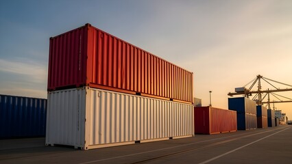 Fototapeta premium Bright Shipping Containers Stacked at Commercial Port in Golden Hour, Symbolizing Global Trade, Logistics, Supply Chain, Freight, Transportation