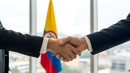 Businessmen Handshaking with Colombian Flag Background Symbolizing International Partnership, Diplomacy, Global Business Negotiation, and Trade