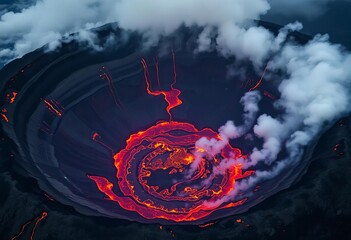 Aerial view of a volcanic crater filled with bubbling lava and smoke,  destructive,  active