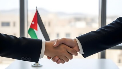 Businessmen Shaking Hands with Blurred Jordanian Flag Symbolizing International Partnership, Diplomacy, Trade, Corporate Strategy, and Global Business