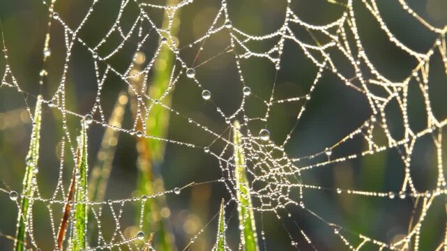 Close up of a spider web with water droplets in natural environment