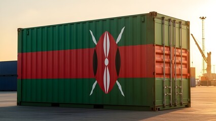 Shipping Container Displaying Kenyan Flag Colors and Maasai Shield Symbolizing International Trade, Global Logistics, African Commerce, Shipping Industry, Export