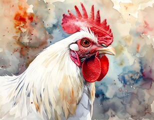 Rooster watercolor art a portrait of a white fowl with a large red comb against an abstract, colorful background