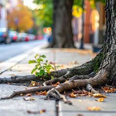 Roots of a tree reaching across sidewalk. A small plant grows nearby on an autumn day street scene