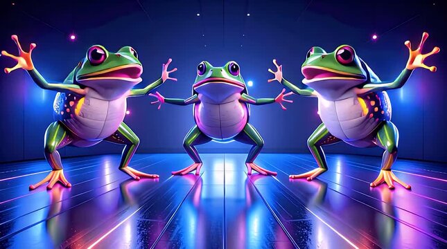 Colorful 3D Frogs Dancing in Futuristic Neon Environment