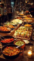 Mexican tacos buffet with colorful fillings, fresh ingredients, and vibrant presentation, perfect for food photography, restaurant menu, or festive culinary display