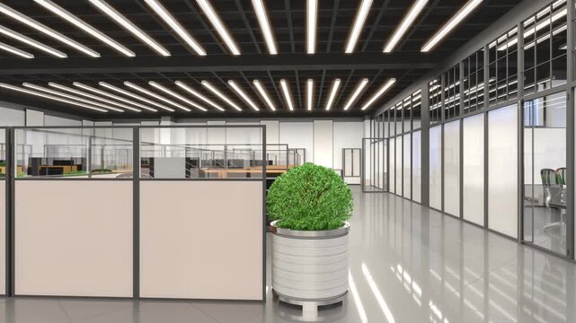 Sliding motion past workstations in modern office to a meeting room. 3d animation