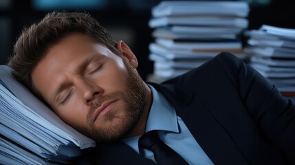 Overworked office worker sleeping on top of piles, symbolizing burnout, stress, overtime, workload overload, exhaustion, deadlines
