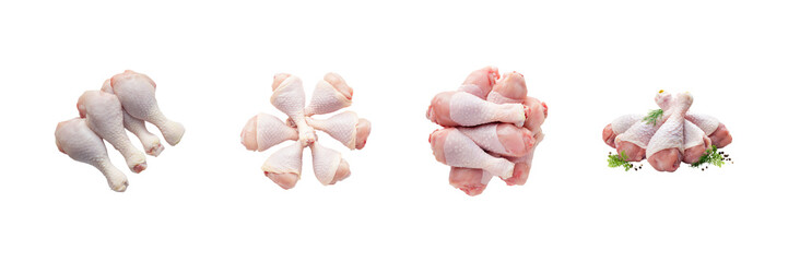 Raw Chicken Drumsticks Arrangement Set. Culinary Preparation And Cooking Ingredients Collection Isolated On Transparent Background