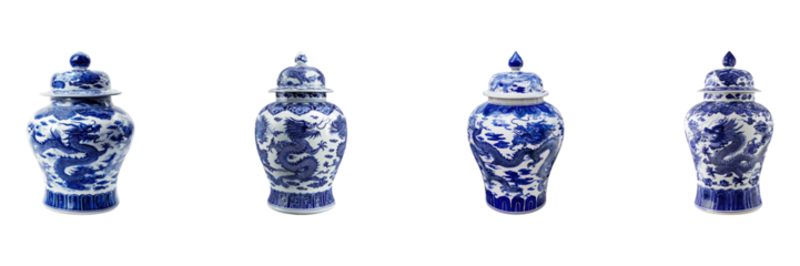 Blue And Porcelain Vases With Dragon Motif Set. Traditional Chinese Art Collection Isolated On Transparent Background