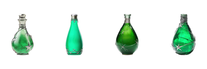 Decorative Green Glass Bottles With Wire And Star Accents Set. Artistic Home Decor Collection Isolated On Transparent Background