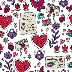 Seamless pattern for Valentine's Day. Love letters. Vector background with symbols of lovers. Hearts, messages, correspondence.