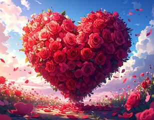 Rose Heart A large heart-shaped cluster of red roses sits in a field of scattered petals beneath a bright blue sky
