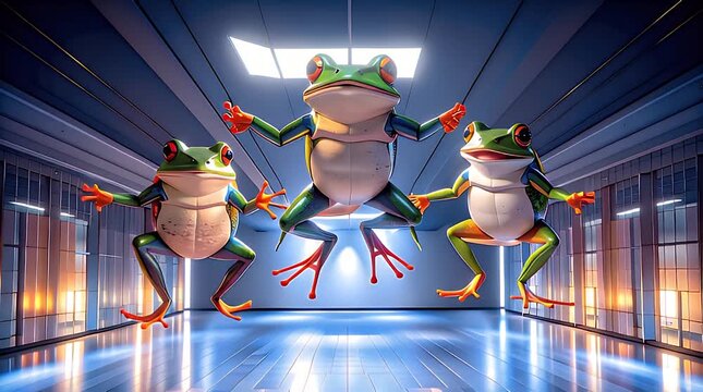 Three cartoon frogs jumping in futuristic hallway with dramatic lighting