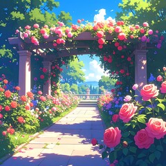 Rose-laden archway at a park, bright cartoonish style, blue sky and gentle shading. Sunlit path leads to a distant vista