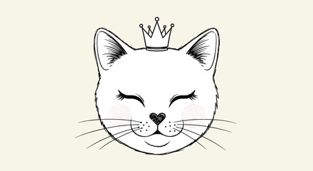 Adorable hand-drawn princess cat face with a little crown, heart nose, and closed eyes, perfect for nursery art or t-shirt prints.