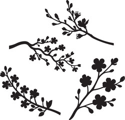 Cherry blossoms flowering branch silhouette set vector illustration