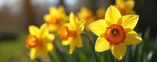 Bright yellow daffodils with orange centers bloom in a sunny spring garden. Green leaves and soft bokeh background highlight vibrant flowers.