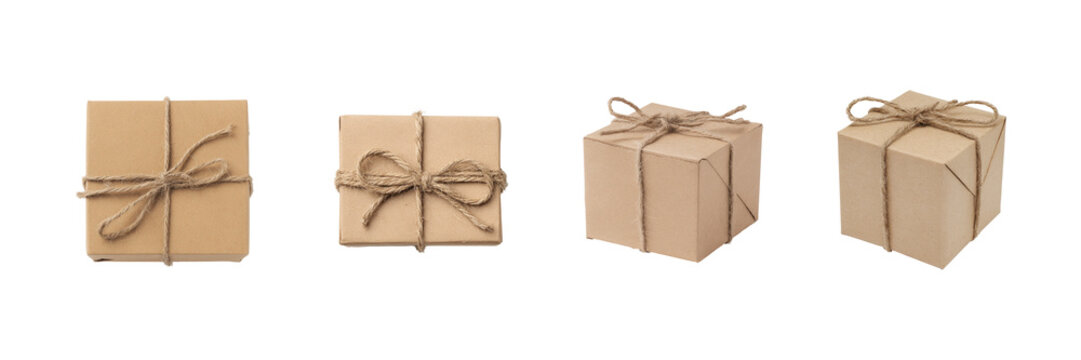 Brown Kraft Paper Gift Boxes Set. Eco-Friendly Packaging And Sustainable Gift Wrapping Collection Isolated On Transparent Background