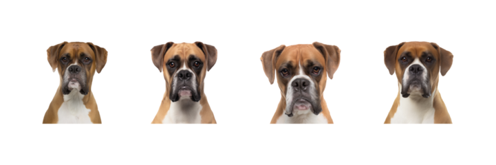 Boxer Dog Portraits Set. Canine Expressions And Breed Characteristics Collection Isolated On Transparent Background
