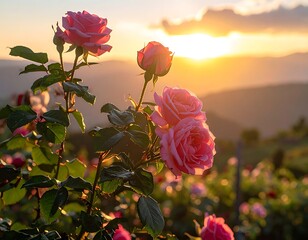 Roses glow pink against a warm, golden sunset with hills in the distance, full of blossoms and rich foliage