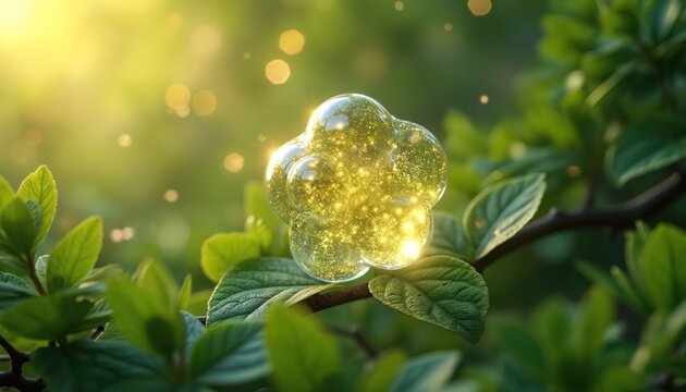 Abstract translucent molecule shape sparkles with bright light energy, rests on green leaves. Rich foliage and sunlit bokeh background suggest natural growth. Science concept.