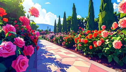 Roses line a patterned path, bright blue sky, trees, mountain in distance. Cartoon, vivid, saturated