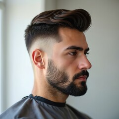 Obraz premium Man with short fade haircut and beard posing. He has stylish groomed hair and facial hair. Man wears barber cape in salon. Closeup profile shot of attractive male.