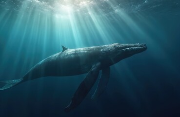 Fototapeta premium Giant humpback whale swims in deep blue ocean water. Sunlight beams filter from surface onto majestic marine animal. Peaceful underwater scene with serene deep sea creature.