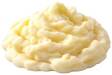 Creamy mashed potatoes scoop with a fluffy texture, buttery potato puree pile, isolated food on transparent background