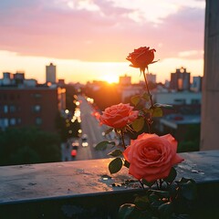Roses on a balcony against a vibrant sunset city skyline backdrop, casting a warm glow