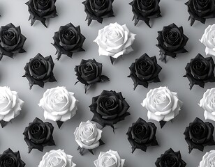 Roses of alternating black and white hues are arranged in a regular pattern on a gray backdrop