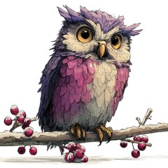 Cute watercolor illustration of a purple and pink owl perched on a snowy branch with red berries