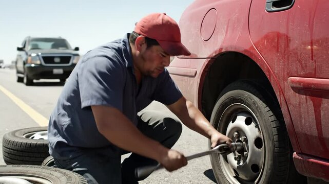 Man changing tire on red car
