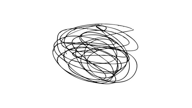 Abstract minimalist animation of a tangled messy scribble drawing on a white background representing complexity confusion and creative brainstorming for professional artistic video intros.
