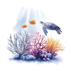 Watercolor illustration of a sea turtle swimming over colorful coral reefs and tropical fish on white background