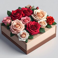 Roses rest in a square box, a mix of red, pink, and light peach blooms. Leaves are scattered amid the flowers