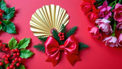Festive Christmas Decoration with Poinsettias and Gold Accents