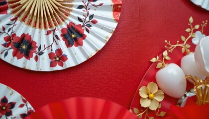 Elegant Red Wall with Japanese Fan and Festive Decor