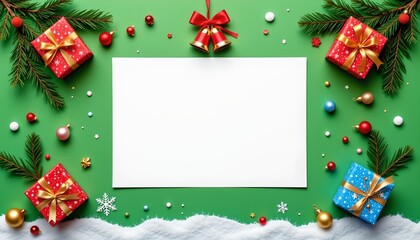 Festive Christmas Card with Green Background and Holiday Decorations